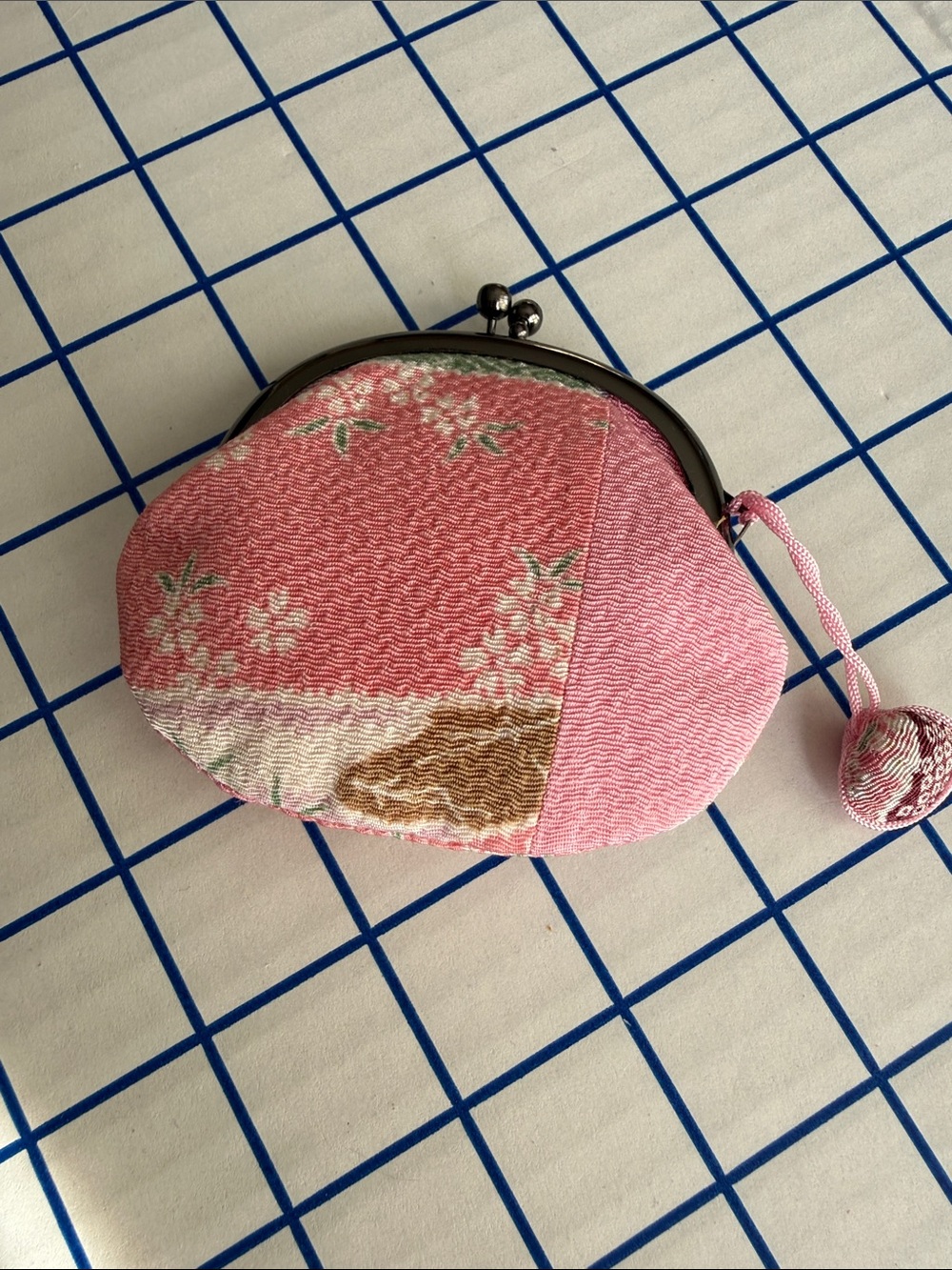 Vintage Japanese Chirimen Crepe Gamaguchi Coin Purse Pink Floral 3.5”
